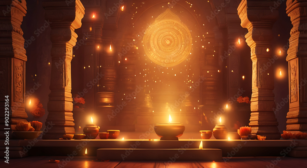 A serene digital illustration of a Diwali temple celebration, with beautifully adorned temple interiors, glowing lamps, and spiritual ambiance, with space for text. A serene digital illustration of a Diwali temple celebration, with beautifully adorned temple interiors, glowing lamps, and spiritual ambiance, with space for text.