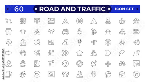 Road and traffic signs outline icon. Collection of warning, mandatory, prohibition and information traffic Street, transport, fuel, vehicle, location, car service icons. Traffic signs collection.