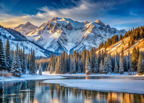 Snow-capped mountains rise above serene winter landscape of frozen lake and evergreen forest in picturesque Salt Lake City Utah ski resort morning scenery.