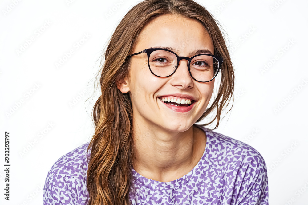Happy young woman wearing glasses and a purple patterned shirt Happy young woman wearing glasses and a purple patterned shirt