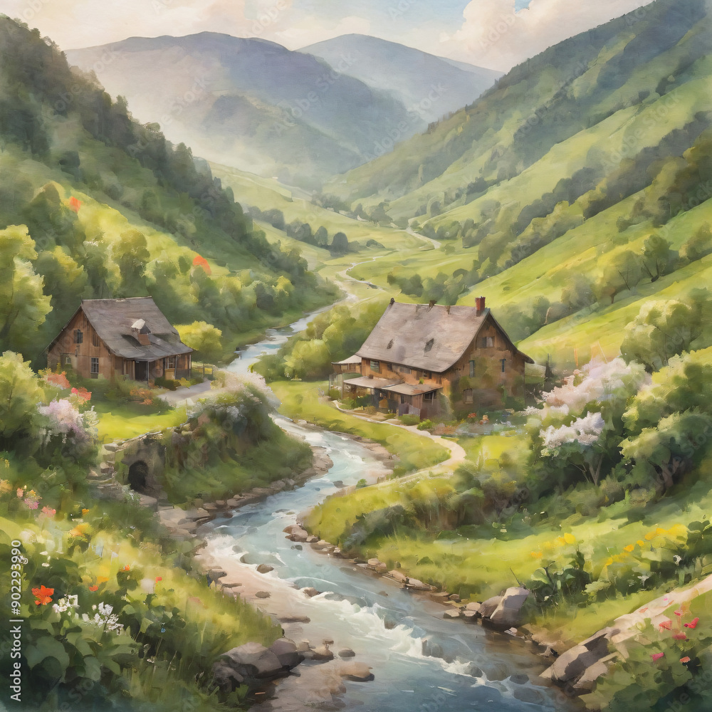 Watercolor painting of Idyllic Mountain Valley with River and Cottages. Watercolor painting of Idyllic Mountain Valley with River and Cottages.