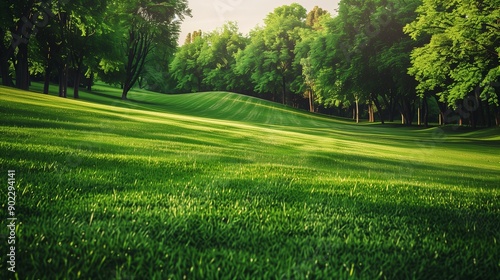 A serene green grass field in a park, with the soft, rolling landscape creating a peaceful, natural environment.