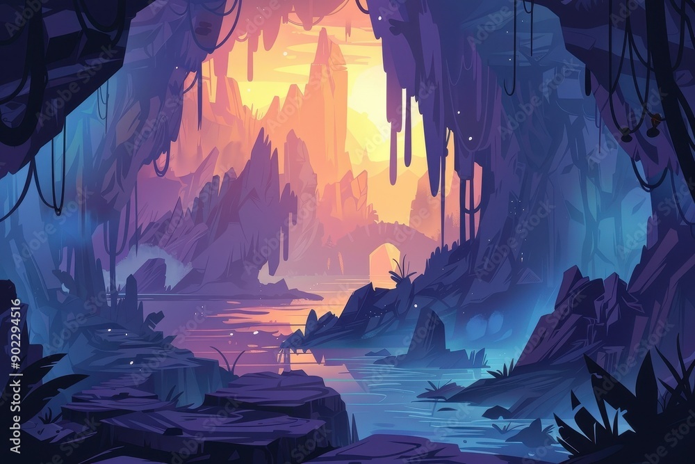 Fototapeta premium Mystical Cave Entrance with Glowing River and Sunset