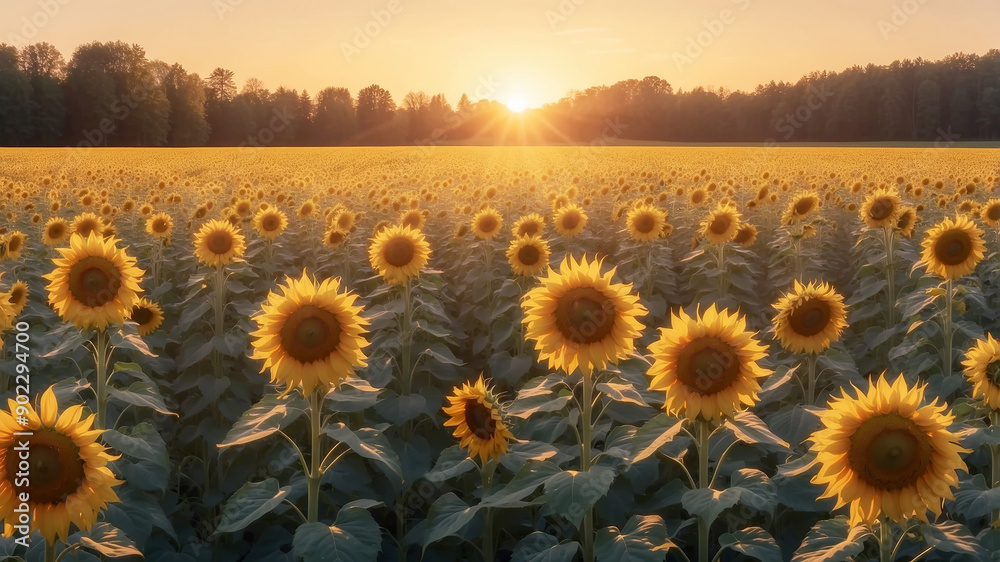 Fototapeta premium sunflowers under a golden sunset, with long, dramatic shadows stretching across the landscape and a soft