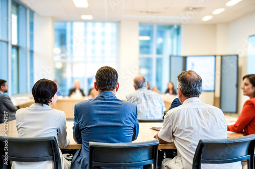 Businesspeople seated at a conference table, listening to a presentation