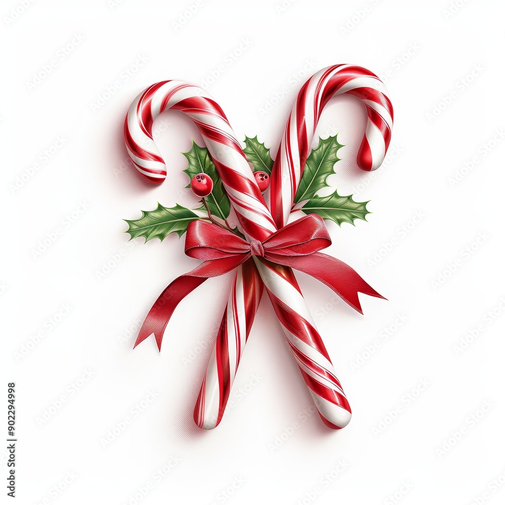 Fototapeta premium Festive image of two candy canes tied with a red bow, adorned with holly leaves and berries, perfect for Christmas themes. Isolated on white background.