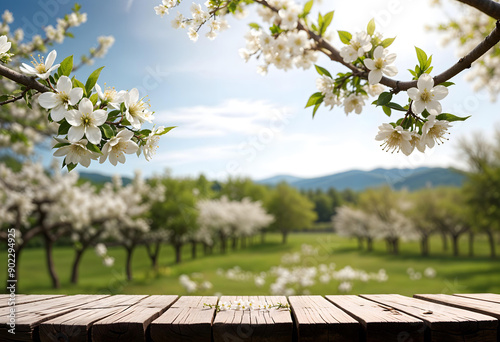 Pristine white blossoms flourishing on a tree limb, their petals contrasting with the wooden table in the foreground and the out-of-focus natural scenery behind