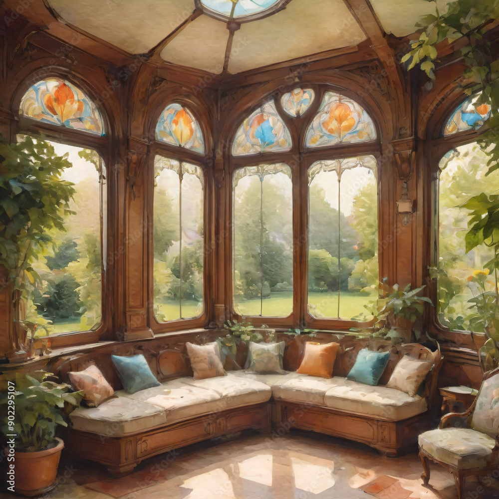 Fototapeta premium Watercolor painting of Sunlit Victorian Conservatory.