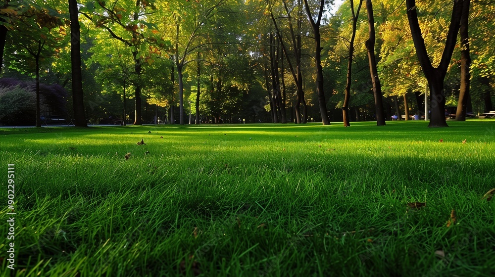 Obraz premium A well-kept green grass field in a public park, perfect for picnics and outdoor activities, with the grass lush and inviting.