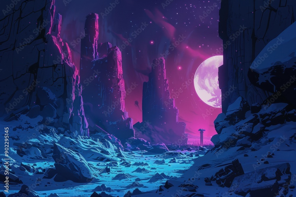 Mystical moonlit landscape with rock formations