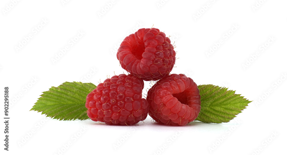 Fresh ripe raspberries with green leaves isolated on white background Fresh ripe raspberries with green leaves isolated on white background