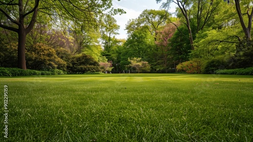 A well-maintained green grass field in a park, with the grass lush and vibrant, and the surrounding trees in full bloom.