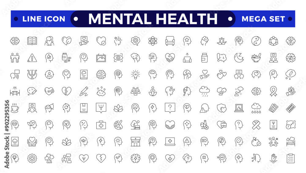 Mental health icon set. Containing depression, bipolar, PTSD, panic and mind disorder icons. Psychology outline symbol vector illustration. Mental health icon set. Containing depression, bipolar, PTSD, panic and mind disorder icons. Psychology outline symbol vector illustration.