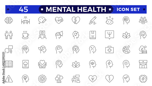Mental health icon set. Containing depression, bipolar, PTSD, panic and mind disorder icons. Psychology outline symbol vector illustration.
