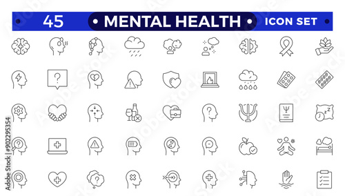 Mental health icon set. Containing depression, bipolar, PTSD, panic and mind disorder icons. Psychology outline symbol vector illustration.