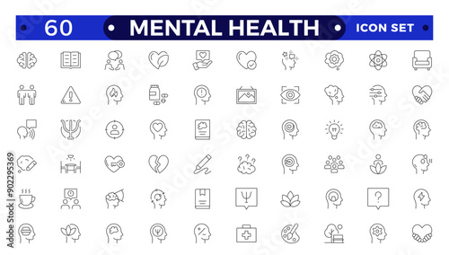 Mental health icon set. Containing depression, bipolar, PTSD, panic and mind disorder icons. Psychology outline symbol vector illustration.
