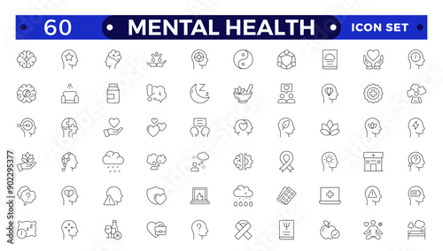 Mental health icon set. Containing depression, bipolar, PTSD, panic and mind disorder icons. Psychology outline symbol vector illustration.
