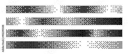 Bitmap gradient border set. Black dotted halftone separator or divider collection. Pixelated rectangle decoration element for banner, poster, advertisement, card, cover. Vector horizontal stripes