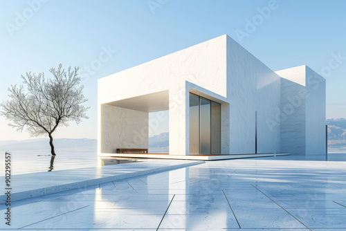 Modern buildings by the lake. Empty architectural background.