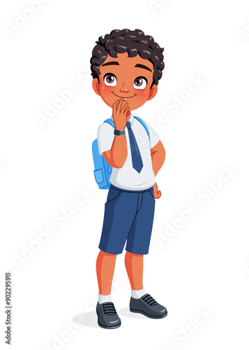 Thinking Indian boy in school uniform. Cartoon vector illustration.