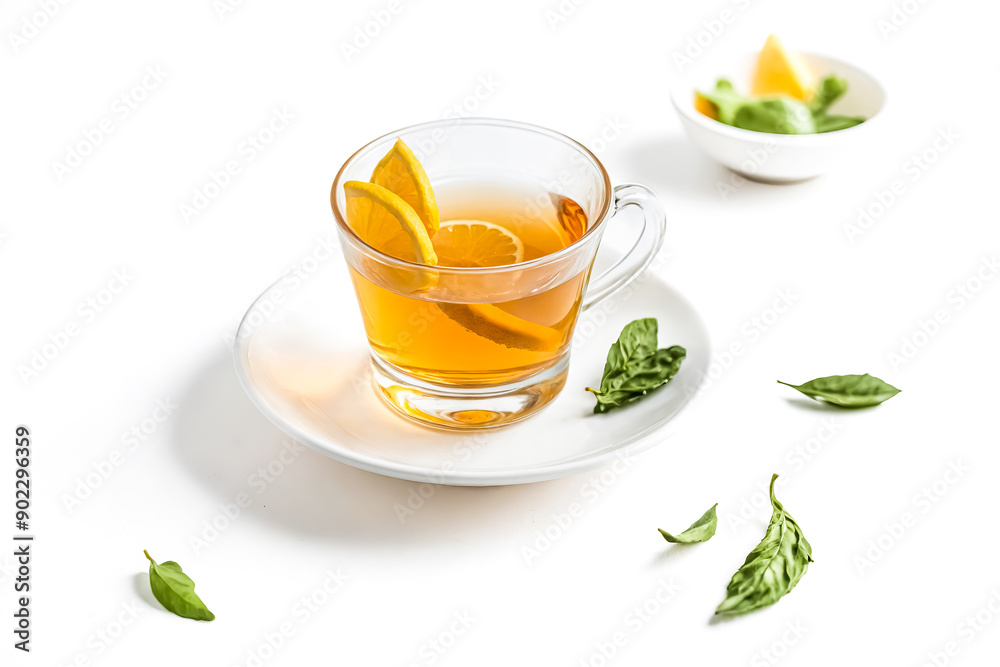 A cup of lemon tea with fresh basil leaves A cup of lemon tea with fresh basil leaves