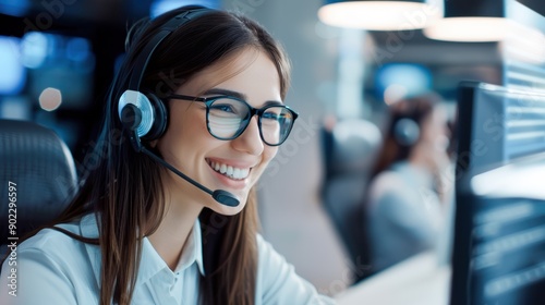 Happy call center agent focused on the computer screen, wearing professional work clothes, modern office setting photo