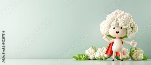 3D cauliflower superhero, with a cape and a confident stance, advocating for healthy eating among children photo