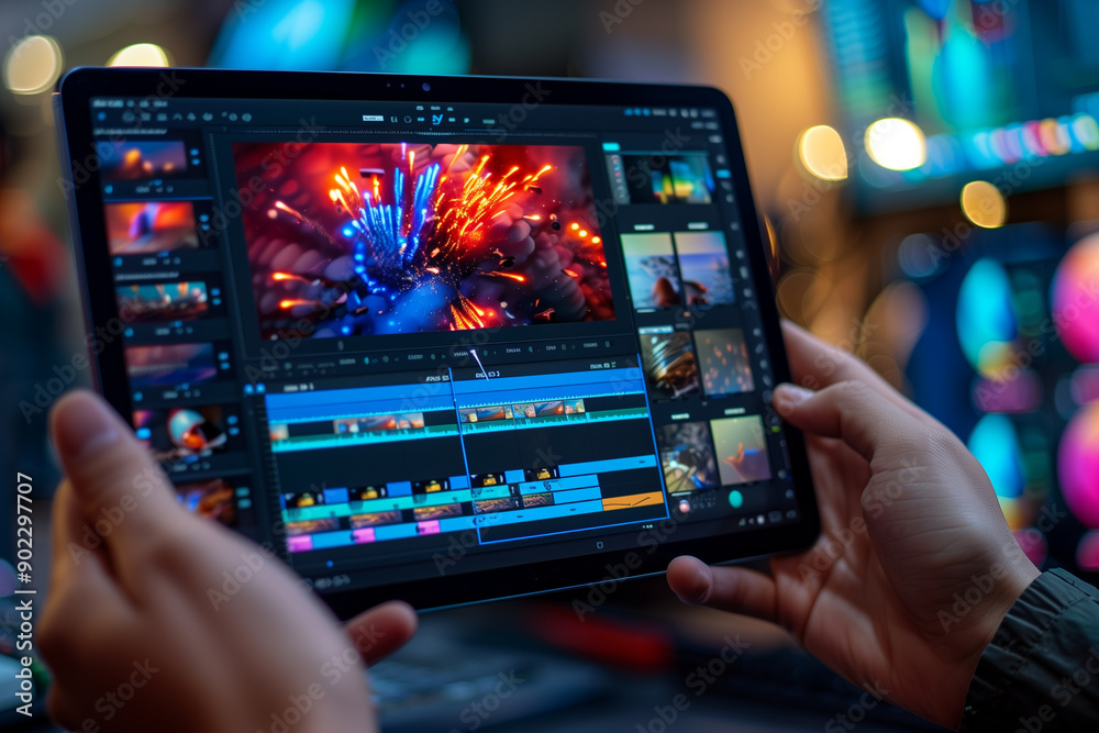 woman's hands hold a tablet displaying a video editing woman's hands hold a tablet displaying a video editing