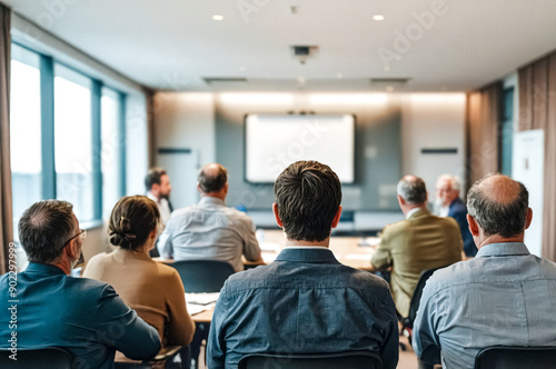 Businesspeople Listen to a Presentation in a Modern Office