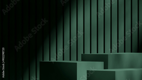 dark background wall, 3d render image scene mockup green block podium in landscape