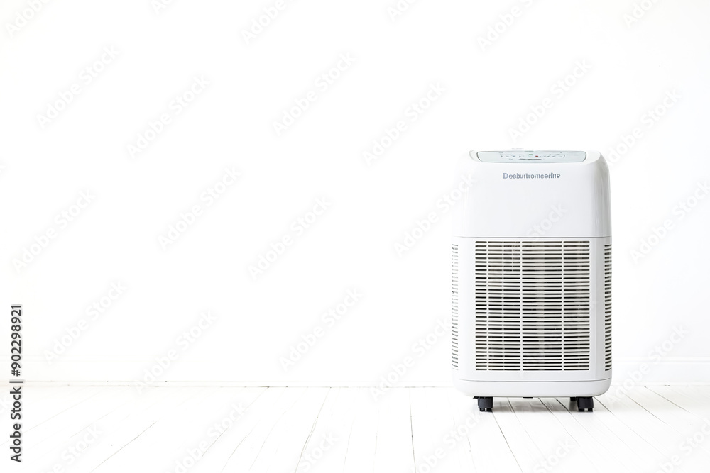 White air purifier on white wooden floor with white wall White air purifier on white wooden floor with white wall