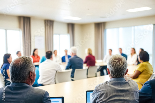 Business Meeting, Attendees, Focus on One, Senior Manager, Laptop, Technology, Conference Room