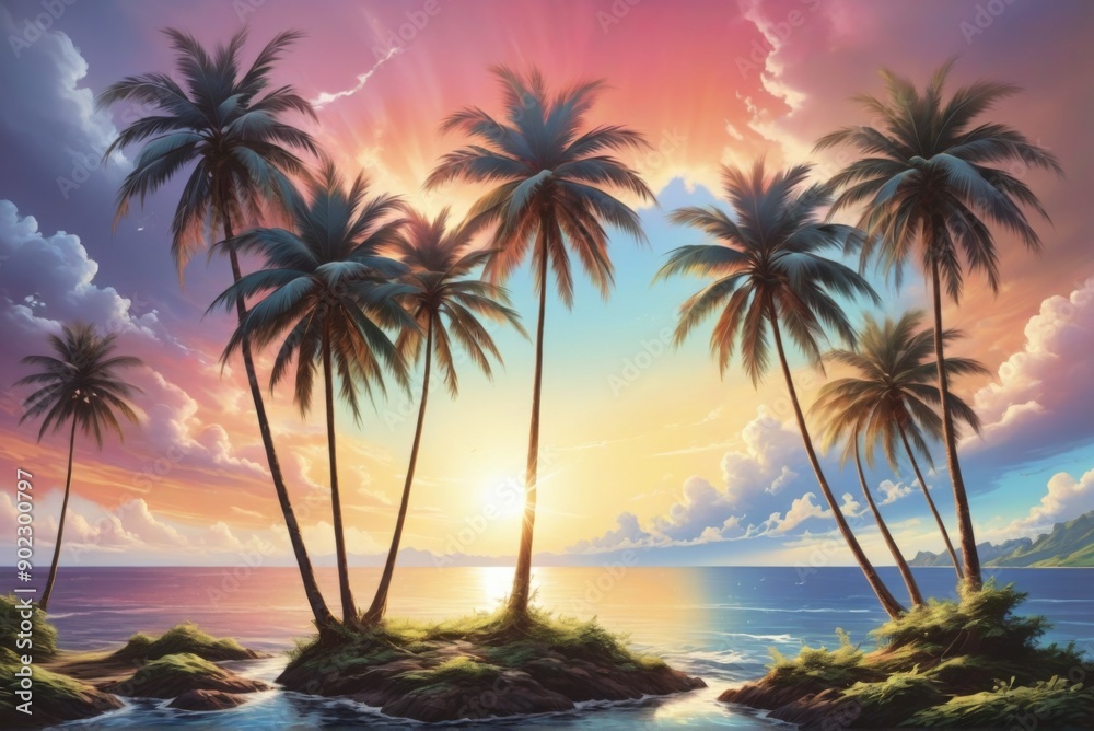 Beautiful landscape tropical island palm trees sky filled Coconu Beautiful landscape tropical island palm trees sky filled Coconu