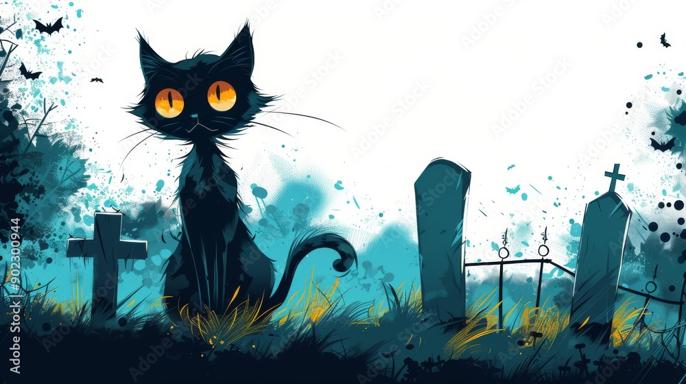 Cartoon Vector Black cat sitting on a fence with a spooky graveyard and rising mist. Isolated white background Cartoon Vector Black cat sitting on a fence with a spooky graveyard and rising mist. Isolated white background