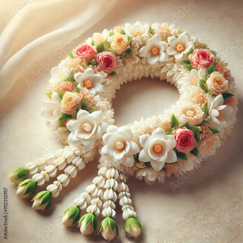 A high-resolution image of a traditional Thai jasmine flower garland for Mother's Day. 