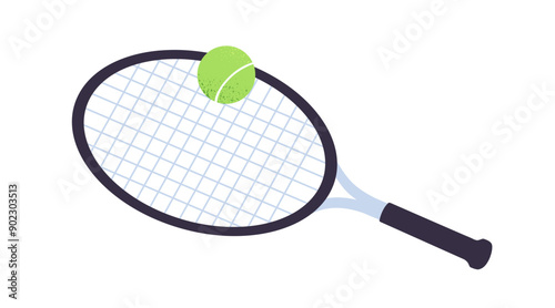 Tennis racket and ball, court game equipment. Professional sport gear for playing. Athletic racquet for championship, match, tournament. Flat vector illustration isolated on white background