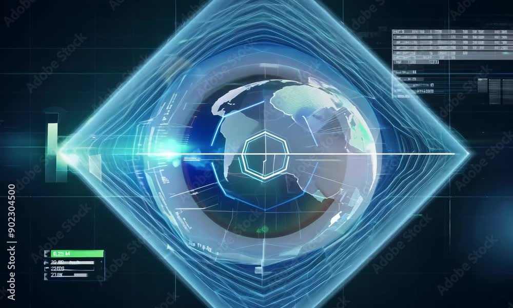 Animation of frames with hexagons over eye with scope scanning. Global technology, computing and digital interface concept digitally Animation of frames with hexagons over eye with scope scanning. Global technology, computing and digital interface concept digitally
