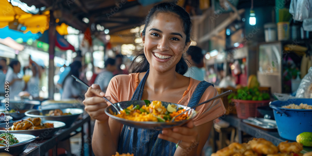 hispanic woman. A woman smiles with delight as she enjoys a delicious meal at a bustling Asian street food market. hispanic woman. A woman smiles with delight as she enjoys a delicious meal at a bustling Asian street food market.