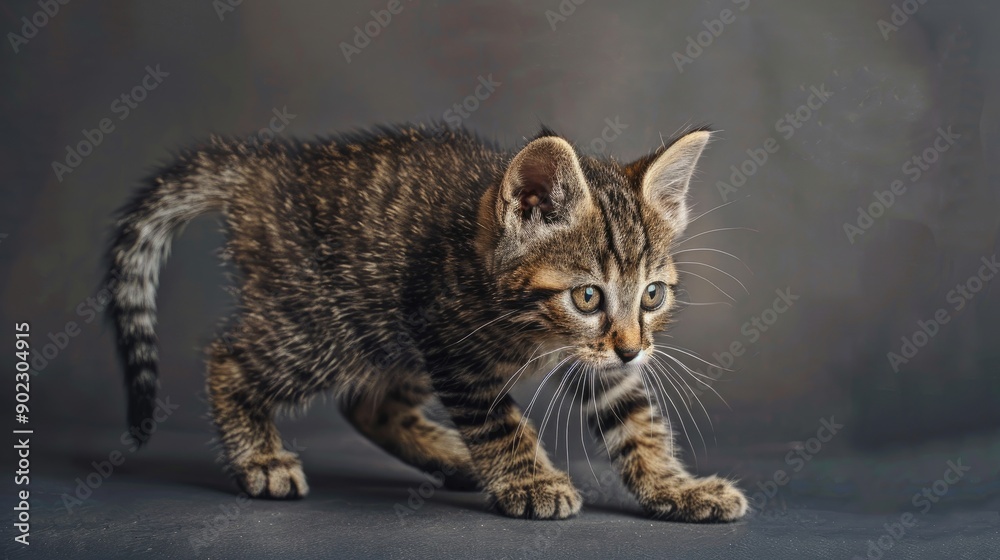 Obraz premium Striped brown kitten on gray backdrop
