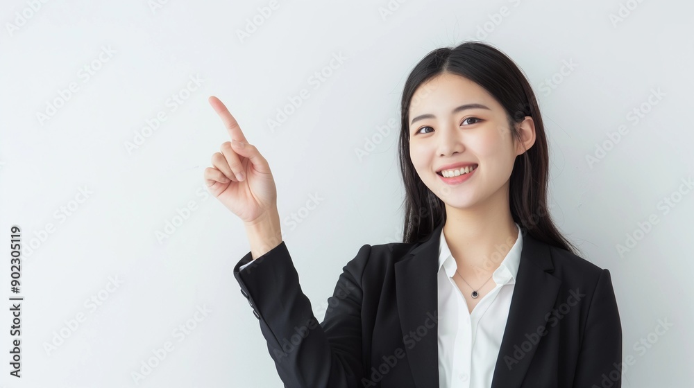 Woman smiling and pointing at copy space on side,isolated on white background,web banner.