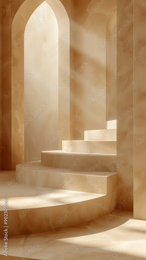 Curved stone staircase bathed in soft, ethereal light, showcasing minimalist architectural elegance, with smooth beige surfaces and graceful arches creating a serene and timeless atmosphere. Curved stone staircase bathed in soft, ethereal light, showcasing minimalist architectural elegance, with smooth beige surfaces and graceful arches creating a serene and timeless atmosphere.
