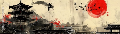 A ninja leaping across rooftops under the full moon, traditional architecture below, Japanese Ink Art, Monochrome with Red Accents