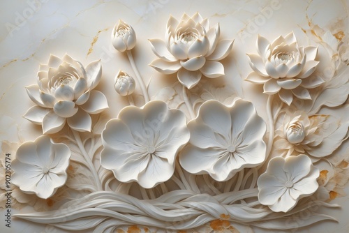 Close-up wall decoration made white marble shape group In the be © Panuwat
