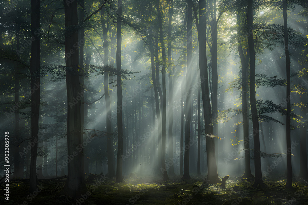 Naklejka premium Enigmatic Foggy Forest: A Mysterious Landscape Shrouded in Mist and Mystery, Invoking a Sense of Wonder and Intrigue