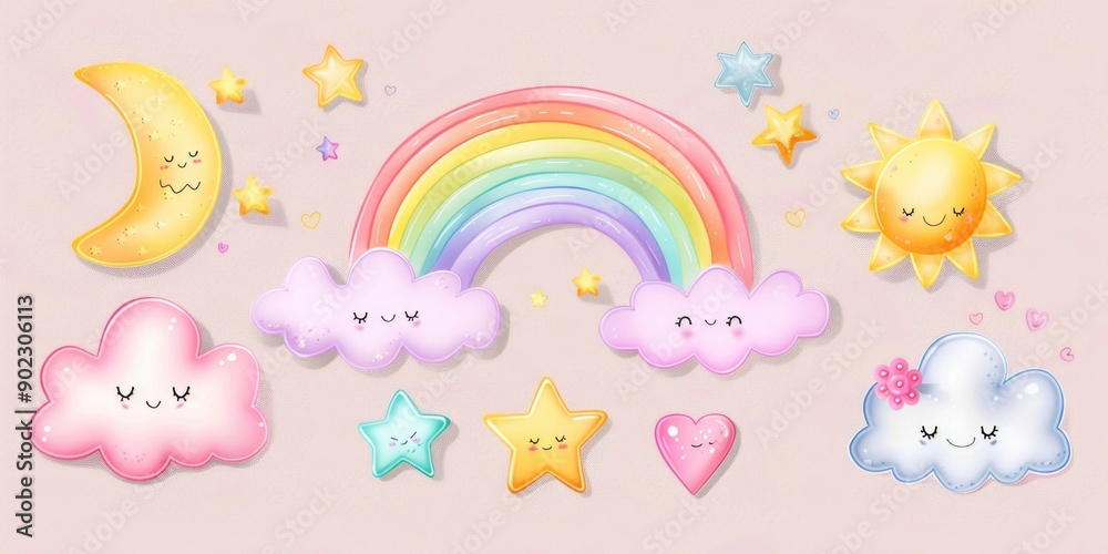 Cartoon Clouds with Rainbow Cartoon Clouds with Rainbow