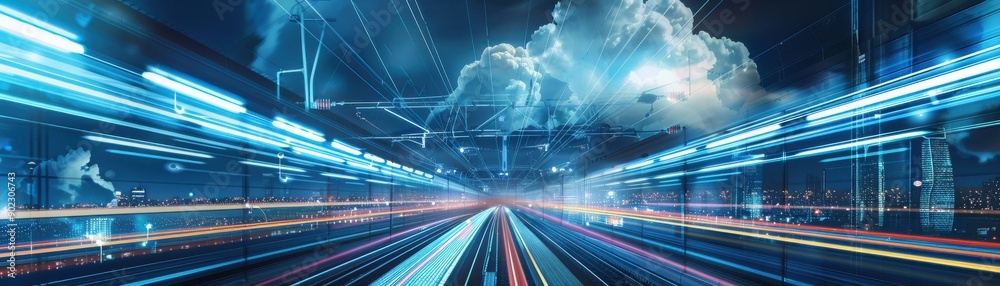 Futuristic landscape with dynamic light trails, representing speed and technology in a digital environment. Futuristic landscape with dynamic light trails, representing speed and technology in a digital environment.