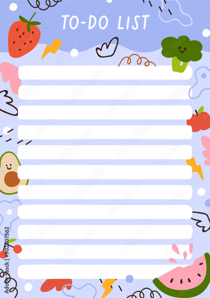 Planner paper, to-do list page design. Cute notebook, notepad, blank background, fruit and vegetables frame in doodle style. Modern office organizer, school diary template. Flat vector illustration Planner paper, to-do list page design. Cute notebook, notepad, blank background, fruit and vegetables frame in doodle style. Modern office organizer, school diary template. Flat vector illustration