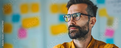 Focused man with glasses and beard in modern office, brainstorming ideas with colorful sticky notes on the wall. photo