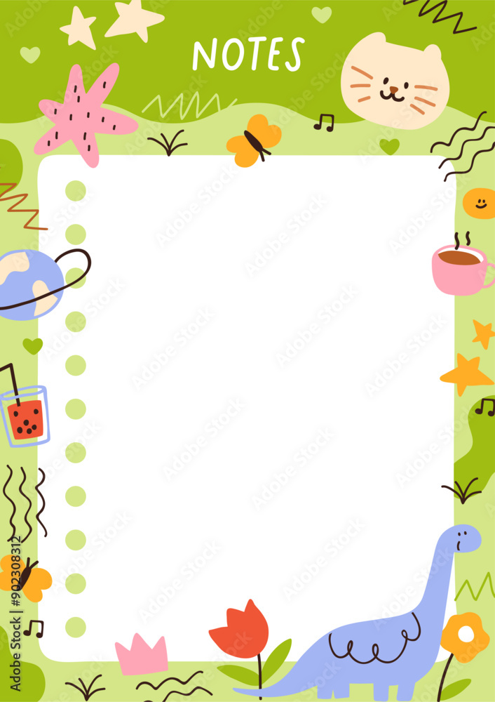 Notepad paper, note book page design. Cute diary with doodle animals and scribbles frame. Blank background for modern notebook, organizer, planner, journal. Colorful flat vector illustration Notepad paper, note book page design. Cute diary with doodle animals and scribbles frame. Blank background for modern notebook, organizer, planner, journal. Colorful flat vector illustration