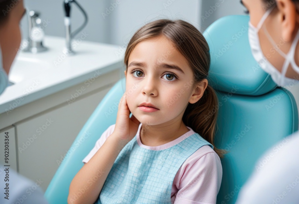 a somber moment with a girl in a dentist's chair, holding her cheek and looking worriedly at the doctor a somber moment with a girl in a dentist's chair, holding her cheek and looking worriedly at the doctor